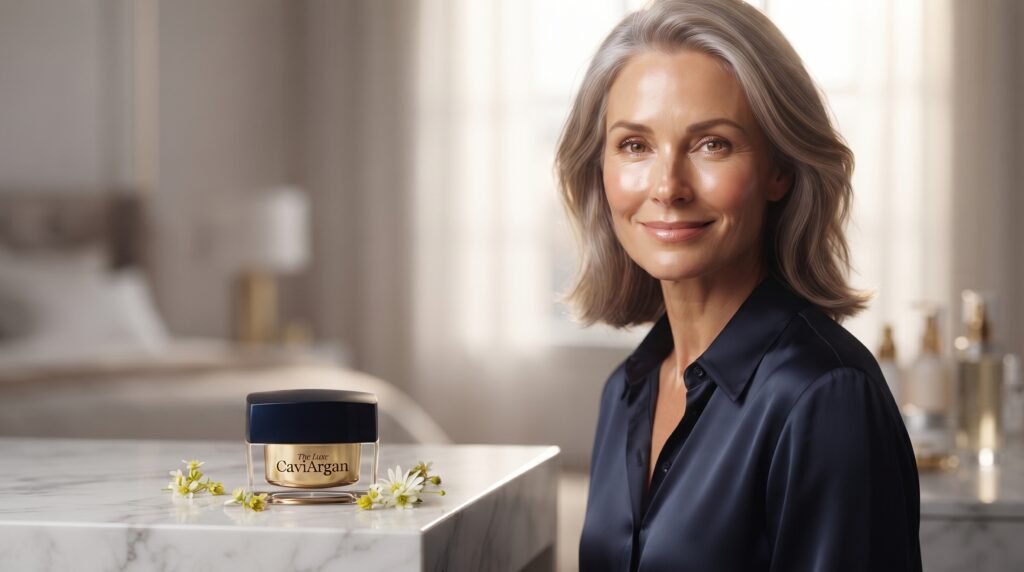 Radiant 50-year-old woman with glowing skin next to a luxury dark blue CaviArgan cream jar on a marble vanity.
