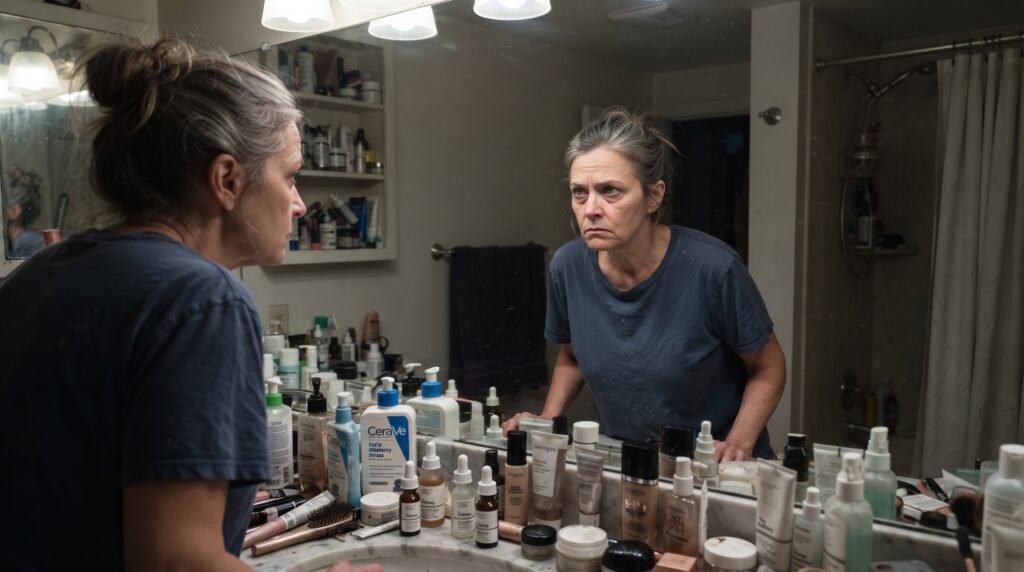 Tired woman looking frustrated at her reflection in a bathroom mirror surrounded by cluttered skincare bottles.
