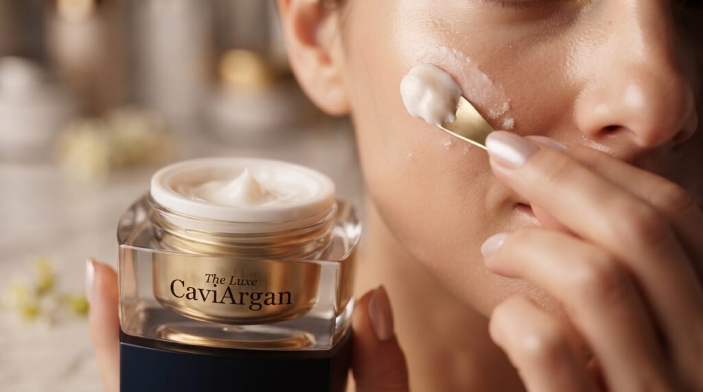 Close-up of a hand gently applying a rich, pearl-white anti-aging cream from a premium glass jar onto her cheek.
