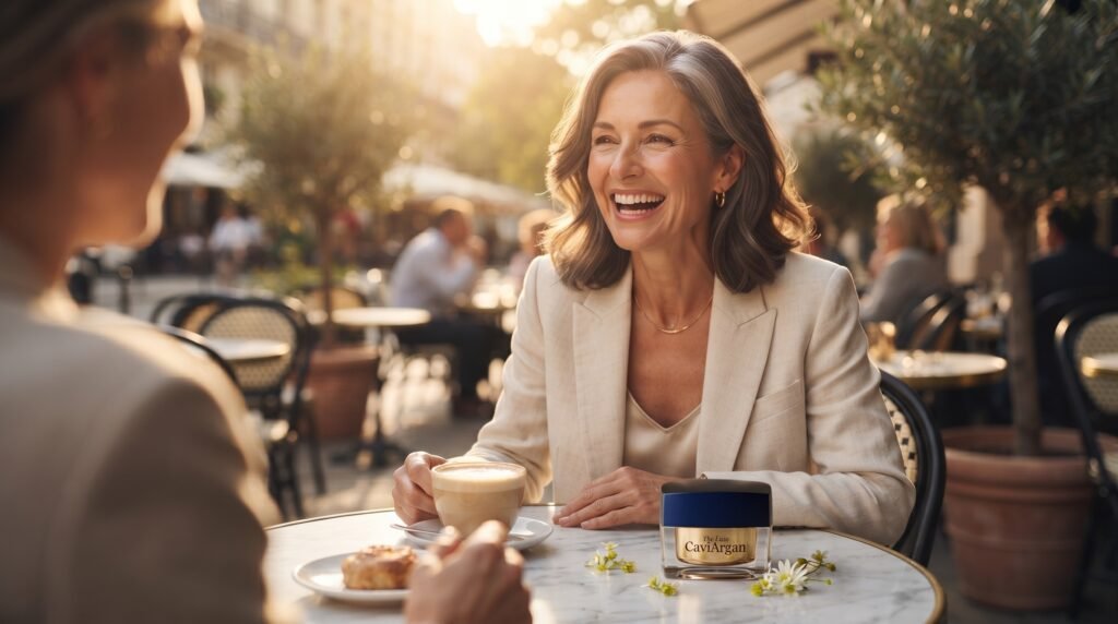 Joyful 52-year-old woman laughing naturally at an outdoor cafe with a friend, her skin glowing in warm sunlight.
