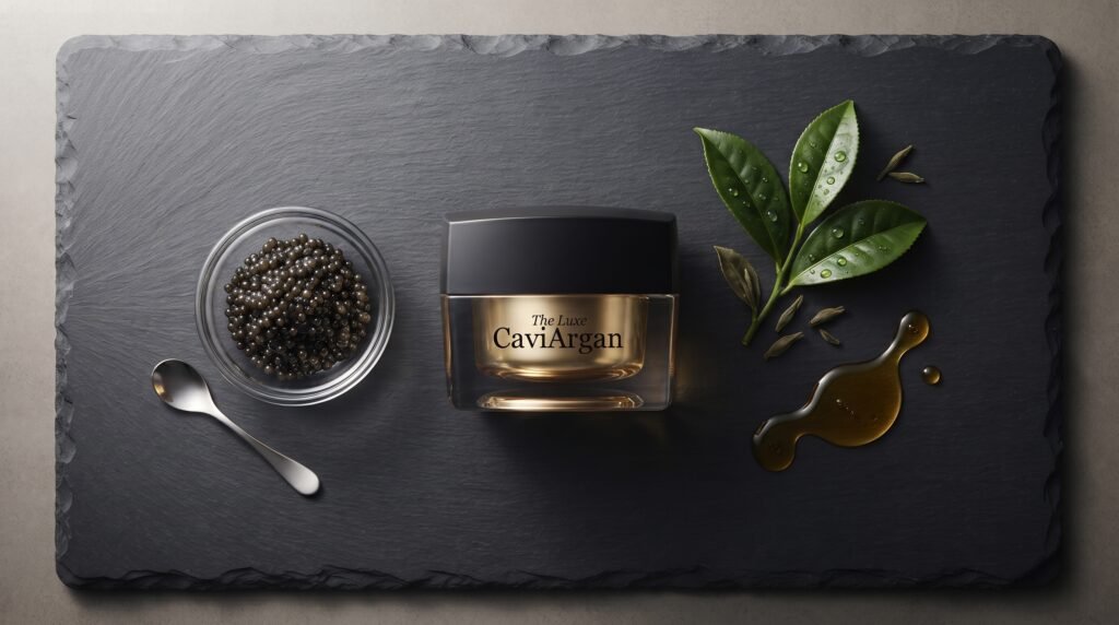 Minimalist flat lay of premium skincare ingredients including dark caviar, green tea, argan oil, and a glass jar.

